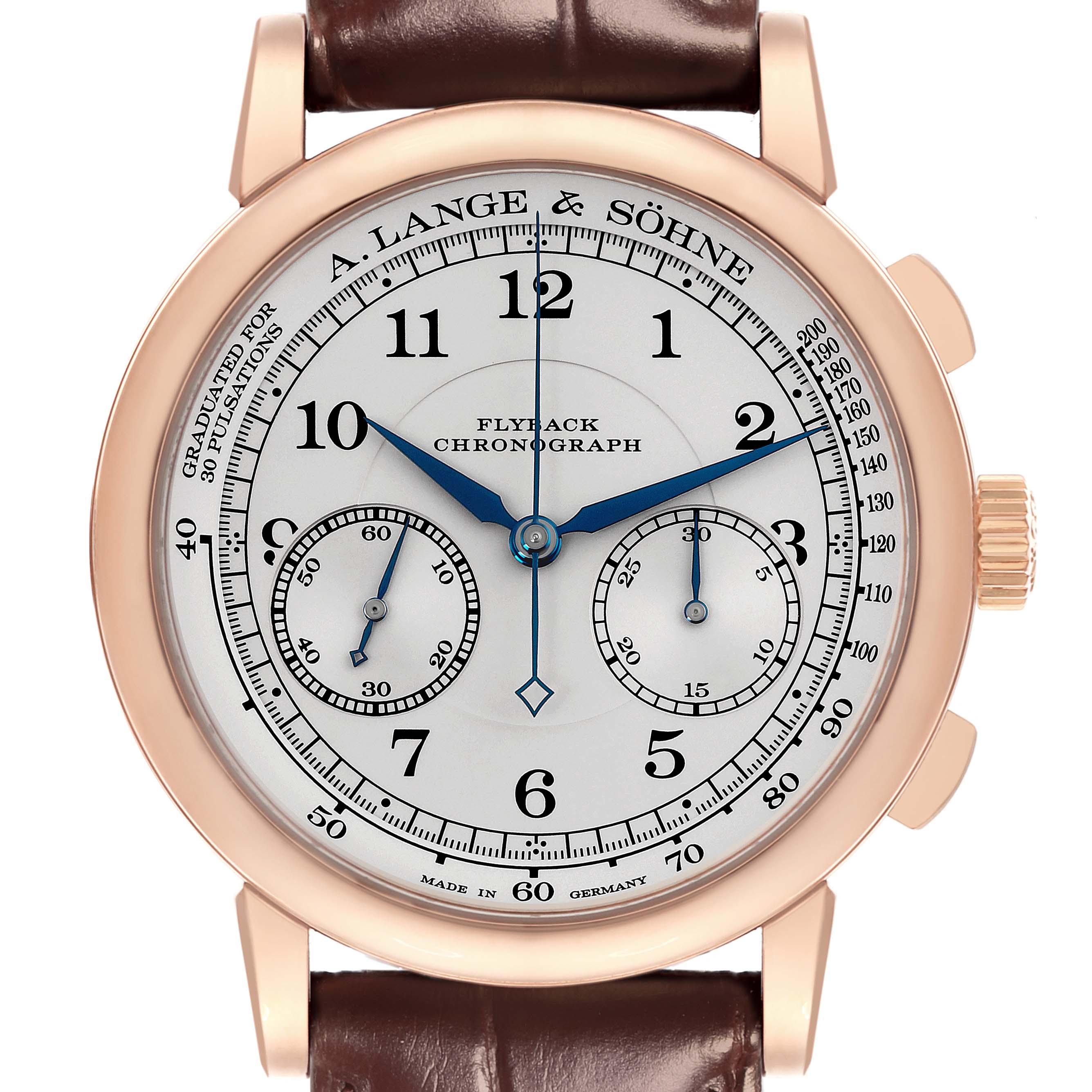 The image shows the A. Lange & Sohne 1815 414.032 Men's Rose Gold Silver Dial watch from a front angle, highlighting the dial, chronograph subdials, and crown.