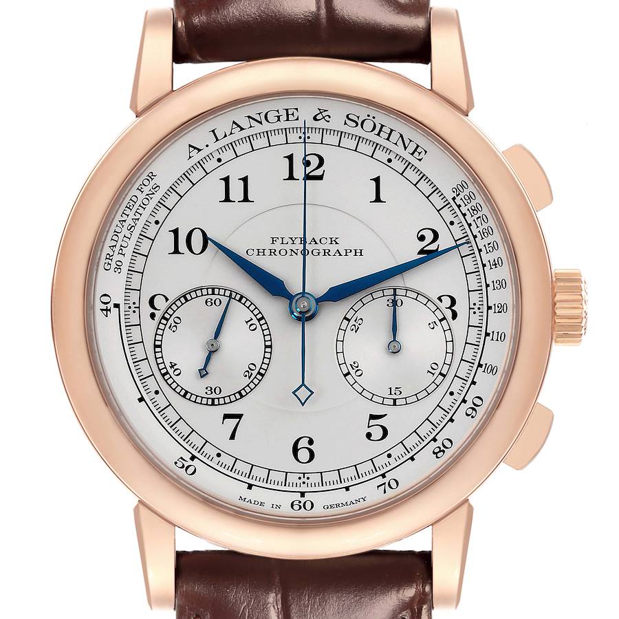 The image shows the A. Lange & Sohne 1815 414.032 Men's Rose Gold Silver Dial watch from a front angle, highlighting the dial, chronograph subdials, and crown.