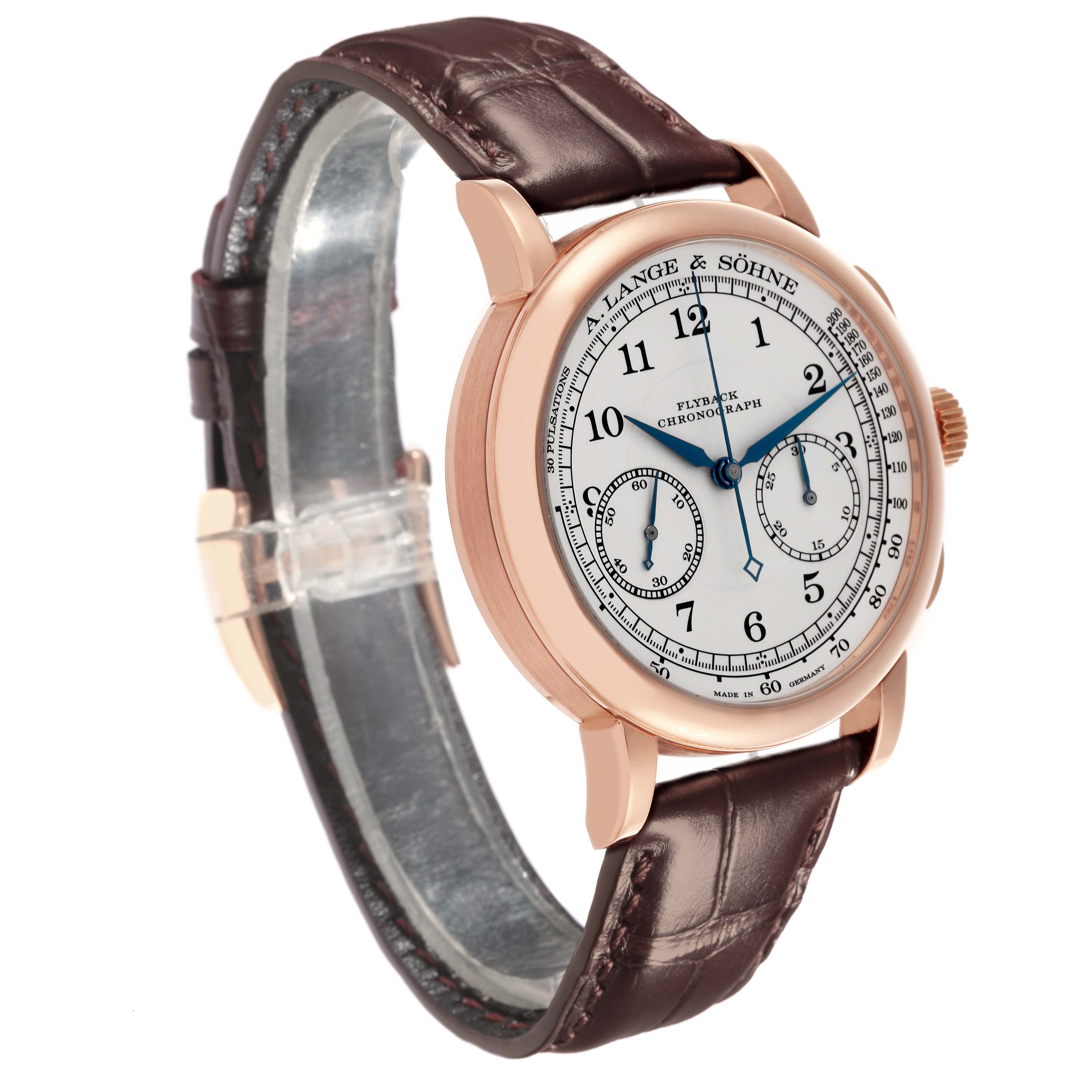 The 1815 model by A. Lange & Söhne is shown at an angled view, displaying its face, chronograph, and brown leather strap.