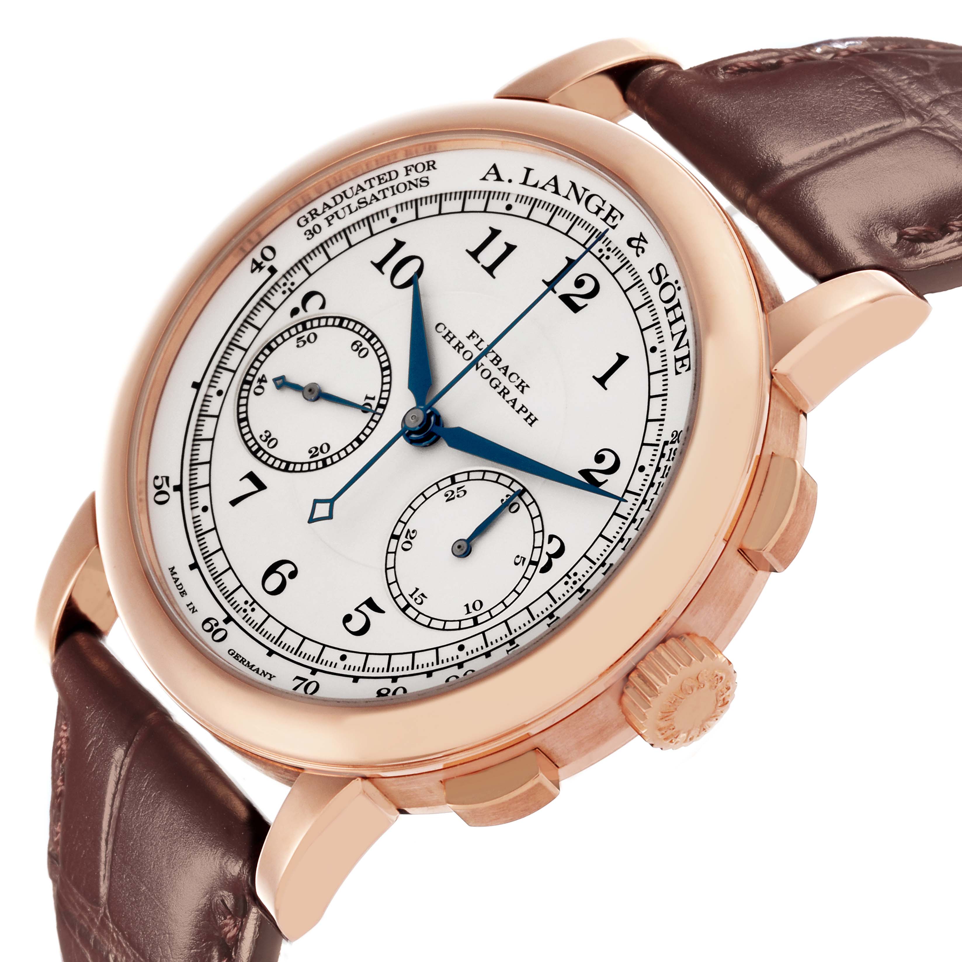 The A. Lange & Sohne 1815 414.032 Men's Rose Gold Silver Dial watch is shown at an upper-side angle, displaying the dial, crown, pushers, and leather strap.