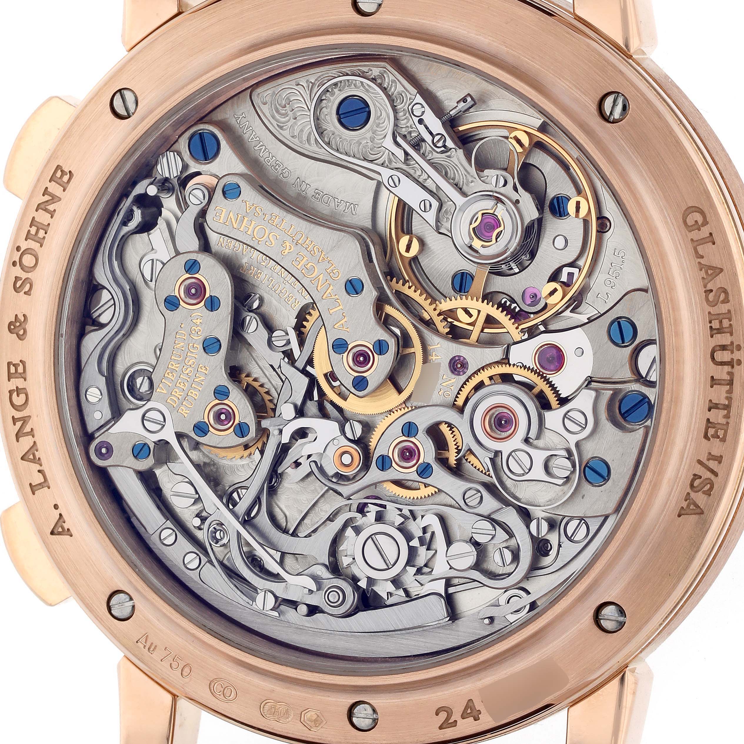 The image shows the back view of the A. Lange & Sohne 1815 414.032 Men's Rose Gold Silver Dial, revealing its intricate mechanical movement.
