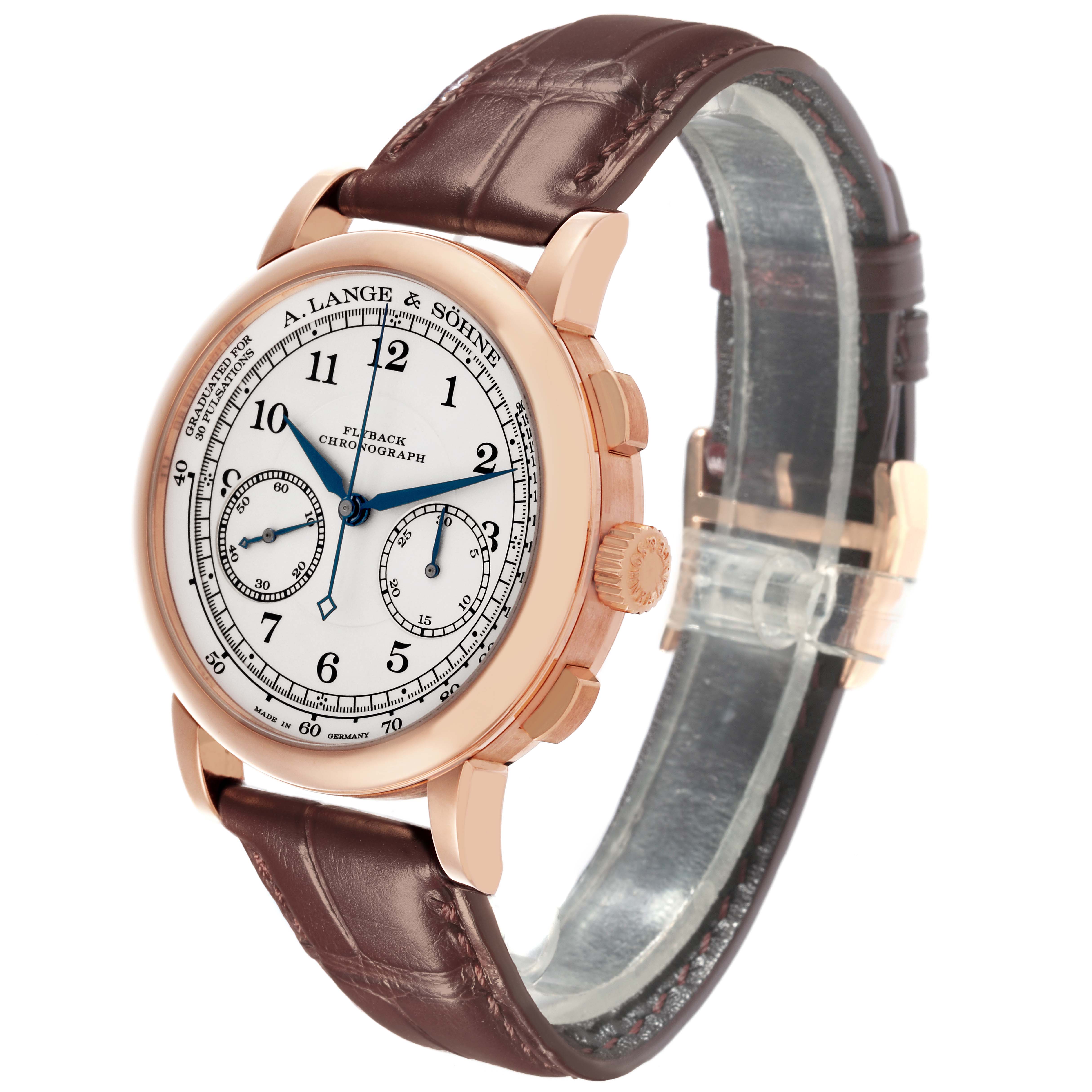 The A. Lange & Sohne 1815 414.032 Men's Rose Gold Silver Dial model watch is shown at an angled frontal view, highlighting the face, crown, and strap.