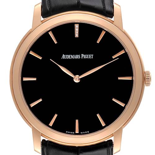The image shows a front view of the Audemars Piguet Jules 15184OR.OO.A102CR.01 Men's Rose Gold Black Dial 15184OR.OO.A102CR.01 Men's Rose Gold Black Dial watch, featuring a black dial, gold markers, and a black leather strap.