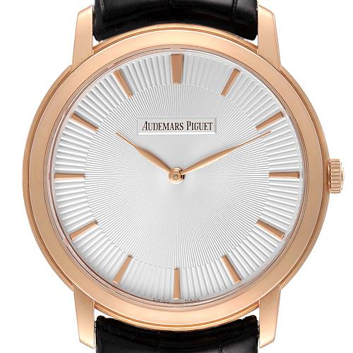 The image shows a front view of the Audemars Piguet Jules 15180OR.OO.A102CR.01 Men's Rose Gold Silver Dial 15180OR.OO.A102CR.01 Men's Rose Gold Silver Dial watch, displaying its face, hands, case, and part of the strap.