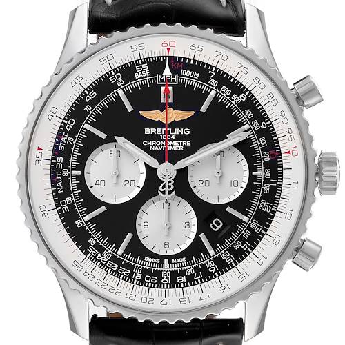 This image shows a frontal view of a Breitling Navitimer AB0127211C1A1 Men's Stainless Steel Black Dial AB0127211C1A1 Men's Stainless Steel Black Dial watch, highlighting its face, chronograph dials, bezel, and crown.