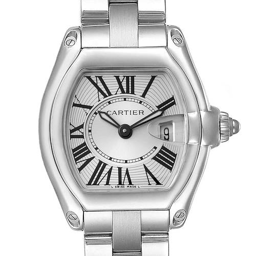 The image shows a front view of the Cartier Roadster W62016V3 Women's Stainless Steel Silver Dial W62016V3 Women's Stainless Steel Silver Dial watch, highlighting its dial, date window, and part of the bracelet.