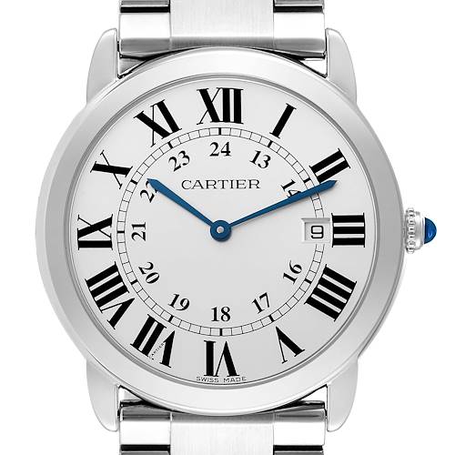 The Cartier Ronde W6701005 Men's Stainless Steel Silver Dial W6701005 Men's Stainless Steel Silver Dial watch is shown from a front angle, displaying its dial, numerals, and part of the bracelet.