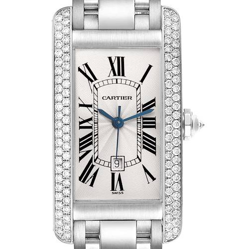 The Cartier Tank Americaine WB702651 Women's White Gold Silver Dial WB702651 Women's White Gold Silver Dial watch is shown from the front, highlighting its rectangular face and diamond-studded bezel.