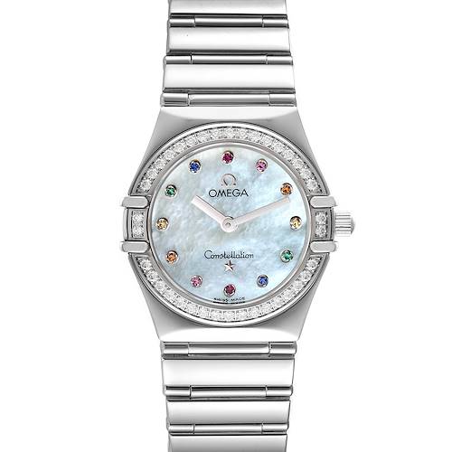 The image shows a top view of an Omega 1475.79.00 Women's Stainless Steel Mother of Pearl Dial 1475.79.00 Women's Stainless Steel Mother of Pearl Dial Constellation Iris Steel Multi Stone Ladies Watch 1475.79.00 with a bracelet and bezel.