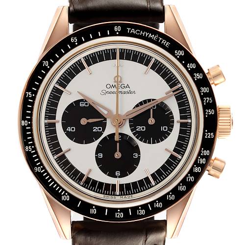 The Omega Speedmaster 311.63.40.30.02.001 Men's Rose Gold Silver Dial 311.63.40.30.02.001 Men's Rose Gold Silver Dial watch is shown from the front, displaying the dial, bezels, and pushers.