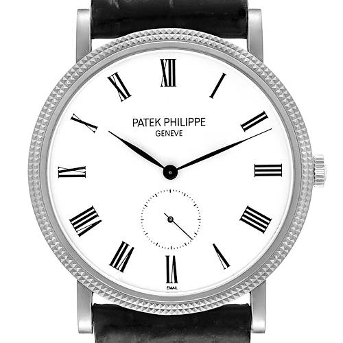 This image shows a front view of the Patek Philippe Calatrava 5119G Men's White Gold White Dial 5119G Men's White Gold White Dial watch, highlighting the face, Roman numerals, and black leather strap.