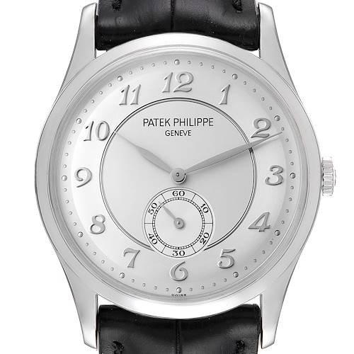 The image shows a full frontal view of a Patek Philippe Calatrava 5196P-001 Men's Platinum Silver Dial 5196P-001 Men's Platinum Silver Dial watch with a silver dial and black leather strap.