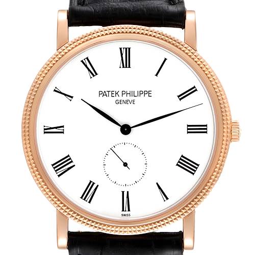 The image shows a front view of the Patek Philippe Calatrava 5119R Men's Rose Gold White Dial 5119R Men's Rose Gold White Dial watch, highlighting its face, bezel, and a portion of its strap.