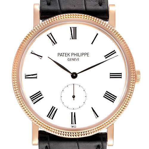 The image shows a frontal view of the Patek Philippe Calatrava 5119R Men's Rose Gold White Dial 5119R Men's Rose Gold White Dial watch, featuring its dial, bezel, crown, and strap.