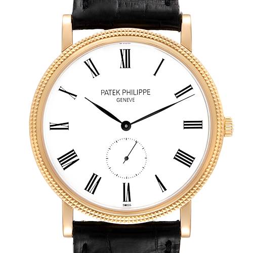 This image shows a front view of the Patek Philippe Calatrava 5119J Men's Yellow Gold White Dial 5119J Men's Yellow Gold White Dial watch, highlighting its dial, gold case, and black leather strap.