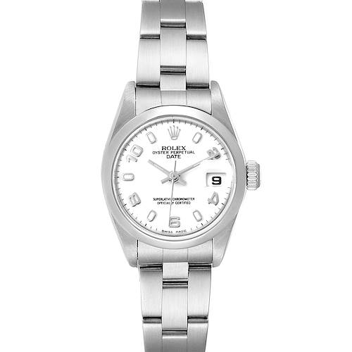 The image shows a frontal view of the Rolex Date 79160 Women's Stainless Steel White Dial 79160 Women's Stainless Steel White Dial model watch, displaying its dial, bracelet, and date window.