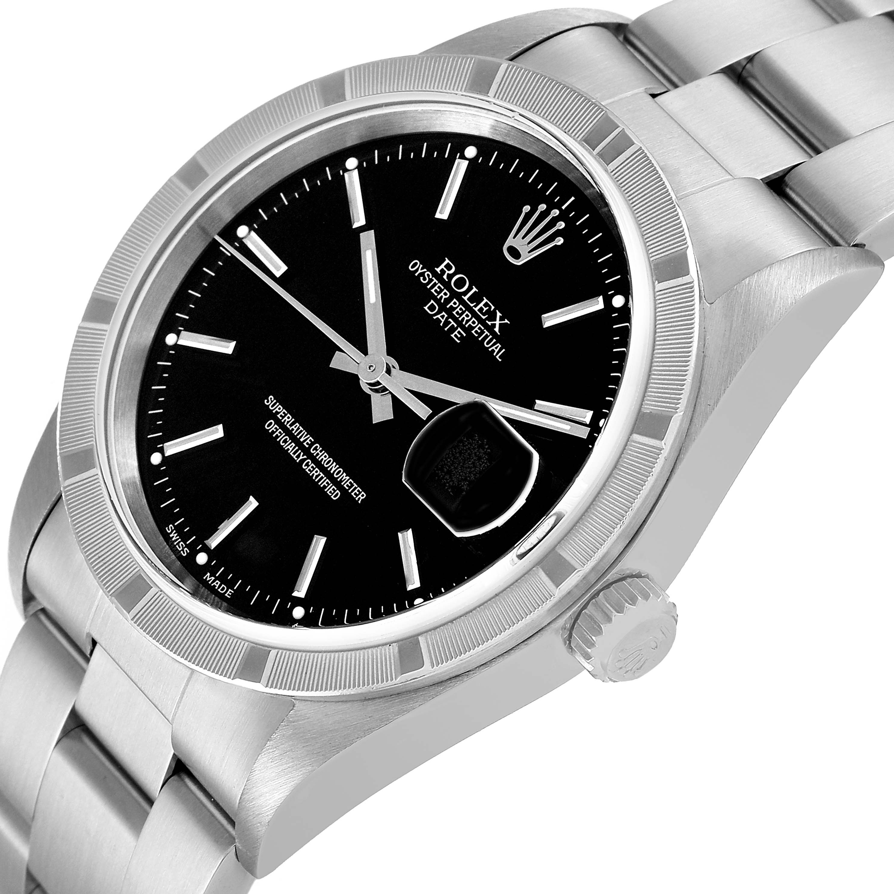 This image shows a angled close-up view of the Rolex Date 15210 Men's Stainless Steel Black Dial 15210 Men's Stainless Steel Black Dial model watch, highlighting the dial, bezel, and bracelet.