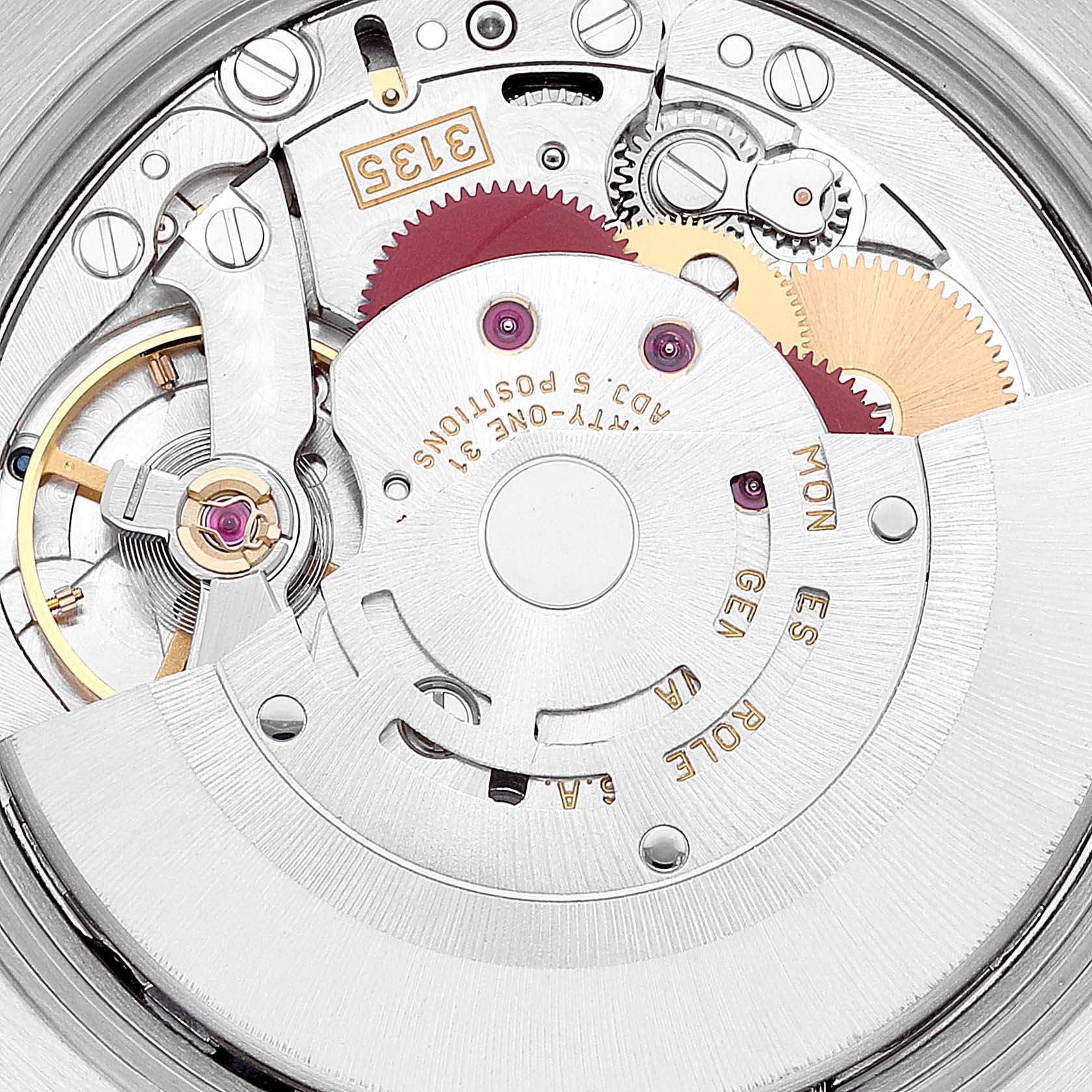 The image shows a close-up of the movement mechanism inside a Rolex Date 15210 Men's Stainless Steel Black Dial 15210 Men's Stainless Steel Black Dial model watch.