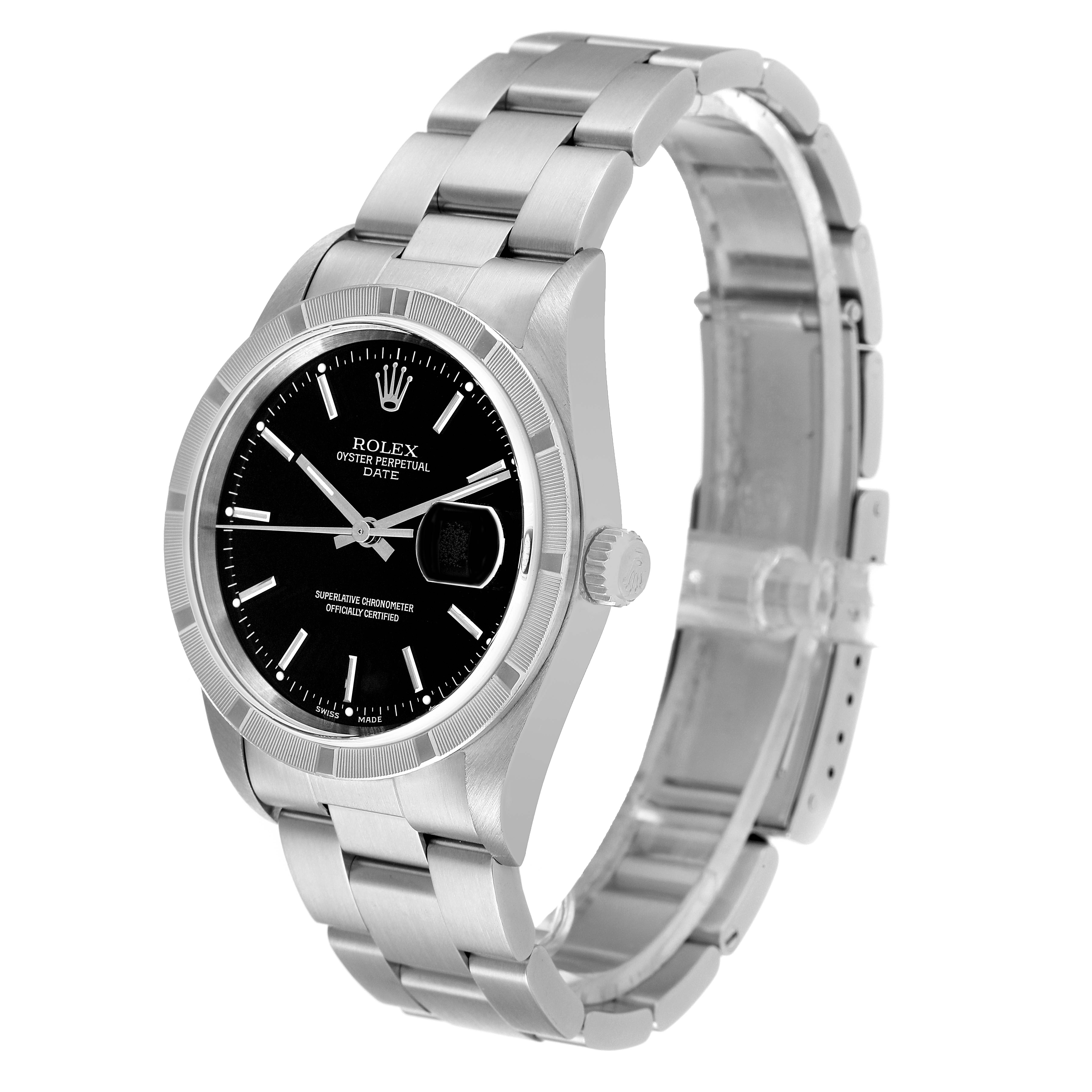 This Rolex Date 15210 Men's Stainless Steel Black Dial 15210 Men's Stainless Steel Black Dial watch is shown at an angle displaying the black dial, oyster bracelet, bezel, and crown.