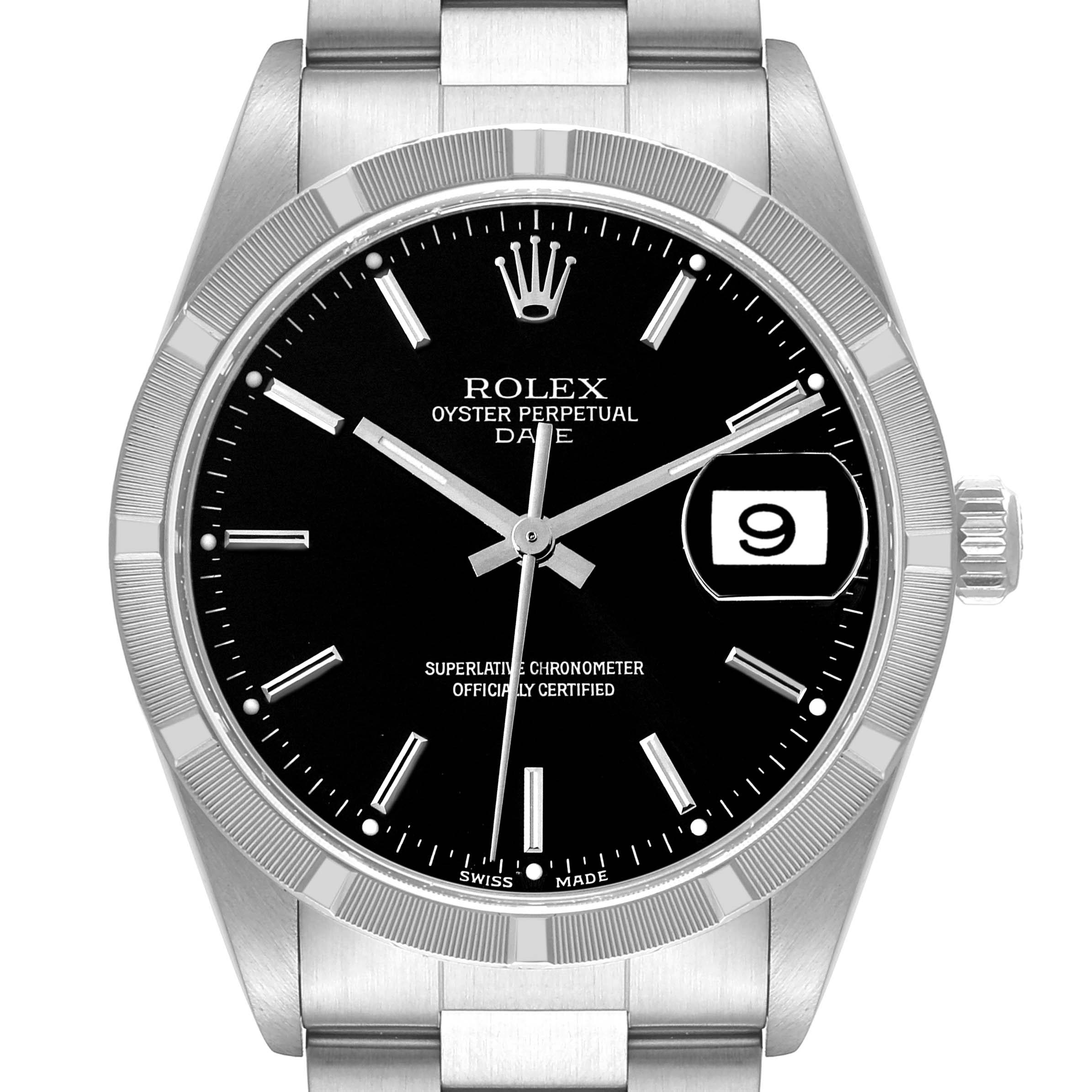 This image shows a front view of a Rolex Oyster Perpetual Date watch, displaying the face, bezel, and part of the band.
