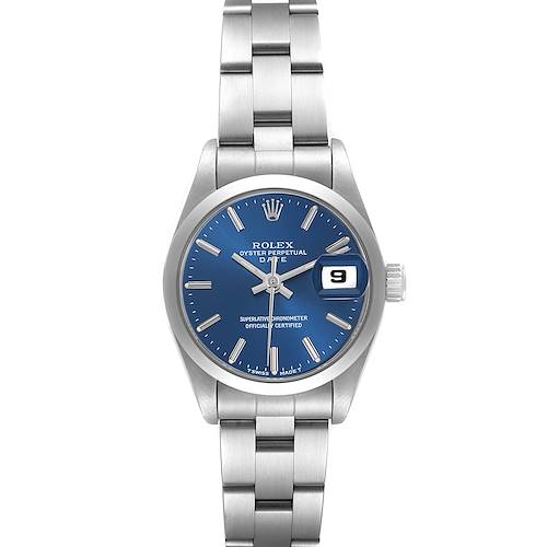 The Rolex Date 69160 Women's Stainless Steel Blue Dial 69160 Women's Stainless Steel Blue Dial watch is shown from a straight-on angle, displaying the blue dial, date window, and stainless steel bracelet.