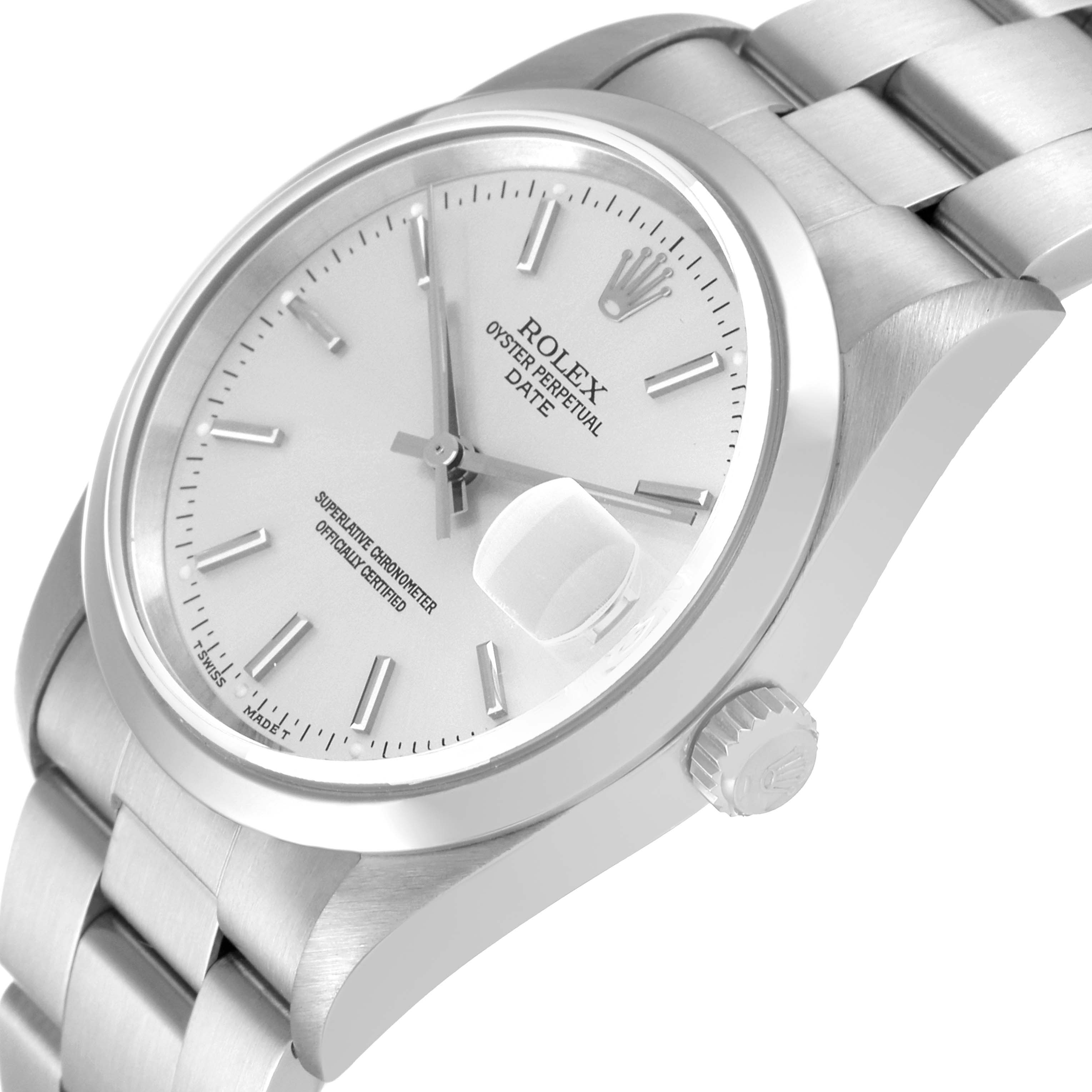 The image shows a Rolex Date 15200 Men's Stainless Steel Silver Dial 15200 Men's Stainless Steel Silver Dial model watch at a three-quarter angle, highlighting the dial, crown, and bracelet.