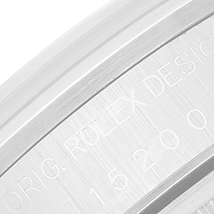 This image shows a close-up of the engraved lettering on the side of the case of a Rolex Date 15200 Men's Stainless Steel Silver Dial 15200 Men's Stainless Steel Silver Dial model watch.