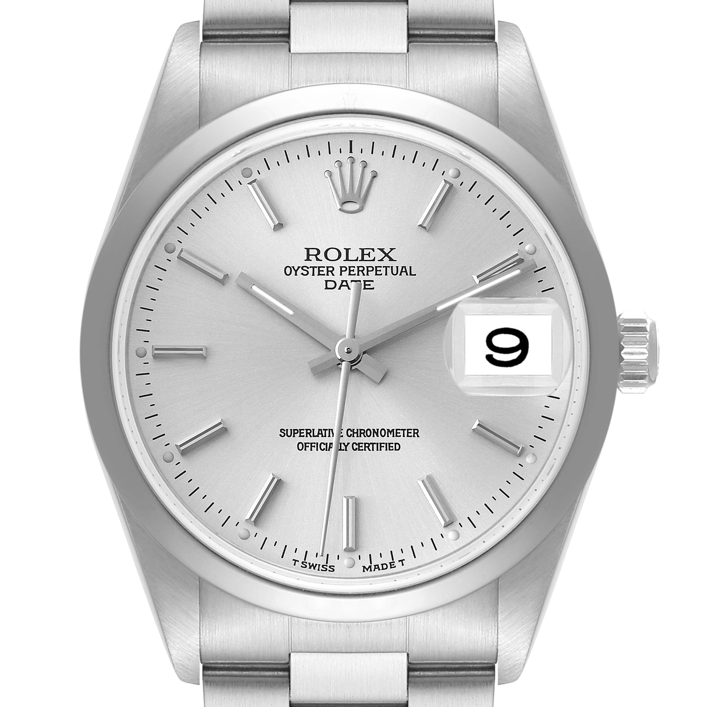 The image shows a front view of the Rolex Oyster Perpetual Date watch, highlighting the dial, hour markers, crown, and bracelet.