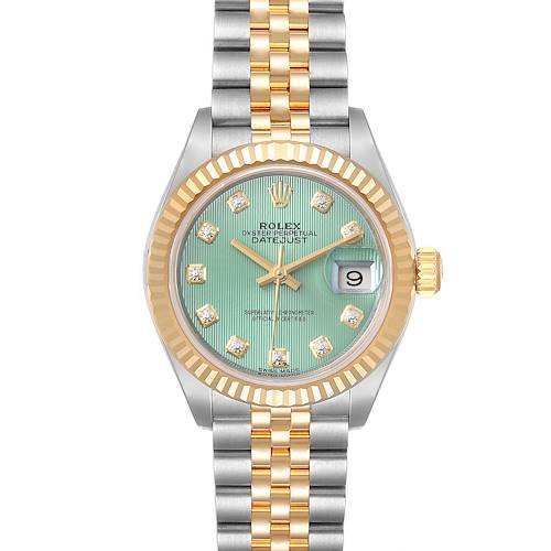 The image shows a front view of a Rolex Datejust 279173 Women's Steel and Gold (two tone) Green Dial 279173 Women's Steel and Gold (two tone) Green Dial watch, displaying its dial, bezel, and two-tone bracelet.