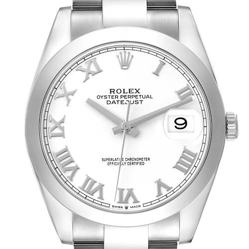The Rolex Datejust 41 126300 Men's Stainless Steel White Dial 126300 Men's Stainless Steel White Dial is shown from the front, highlighting the dial, Roman numerals, bezel, and part of the bracelet.