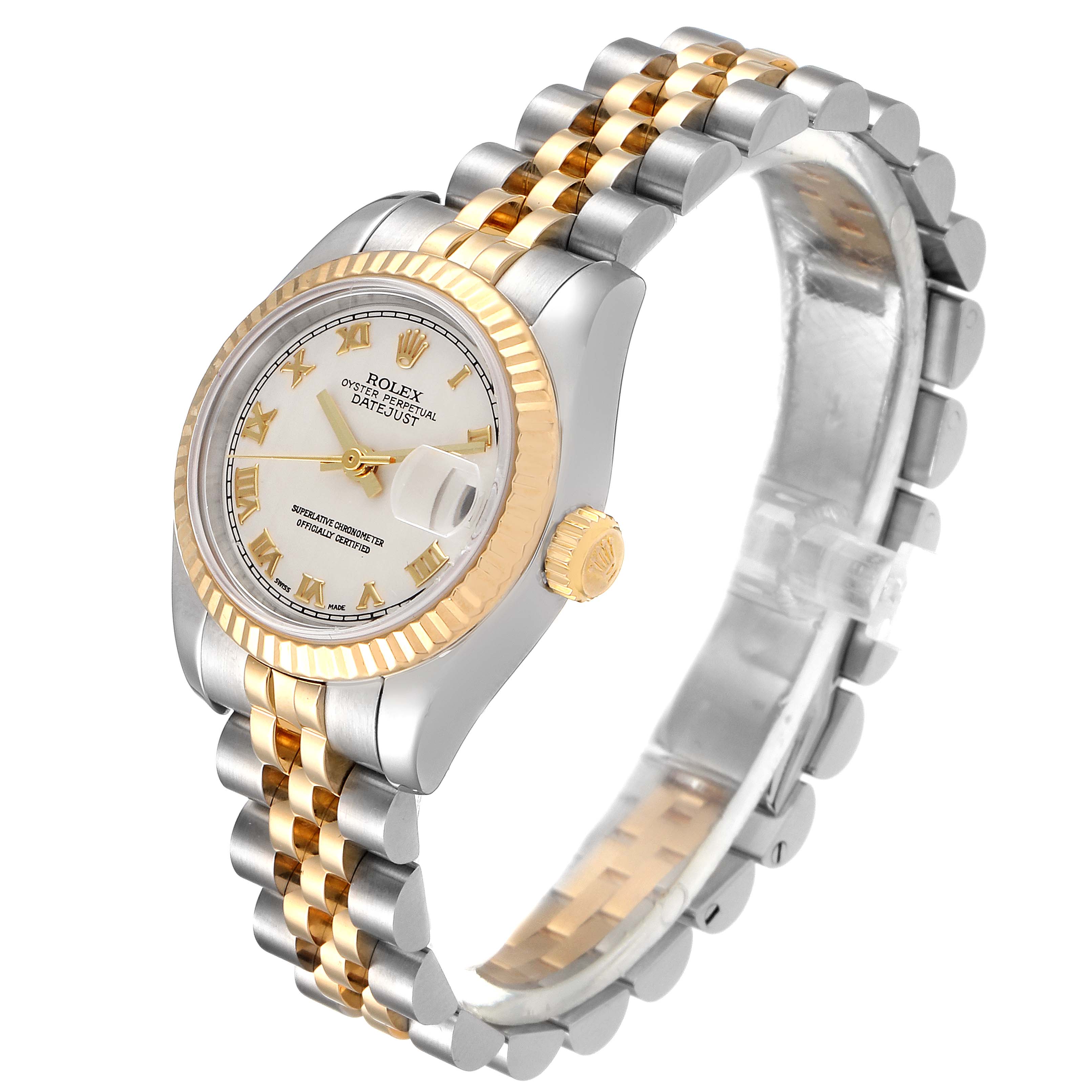 This Rolex Datejust 179173 Women's Steel and Gold (two tone) Silver Dial 179173 Women's Steel and Gold (two tone) Silver Dial watch is shown at a three-quarter angle, displaying the dial, crown, and two-tone bracelet.