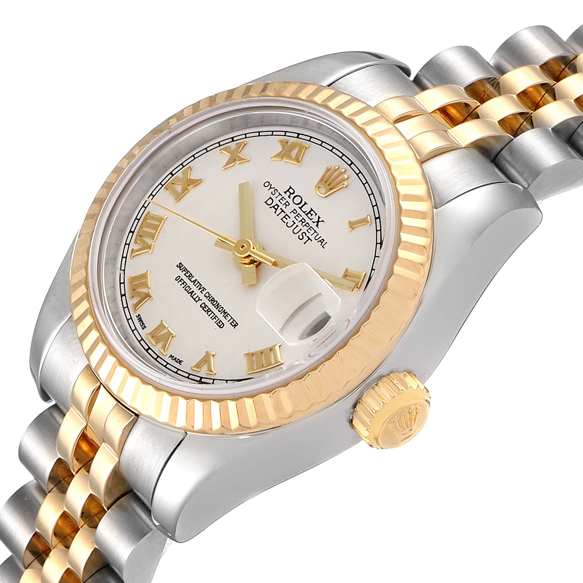 The Rolex Datejust 179173 Women's Steel and Gold (two tone) Silver Dial 179173 Women's Steel and Gold (two tone) Silver Dial watch is shown at an angle highlighting the dial, bezel, crown, and part of the bracelet.