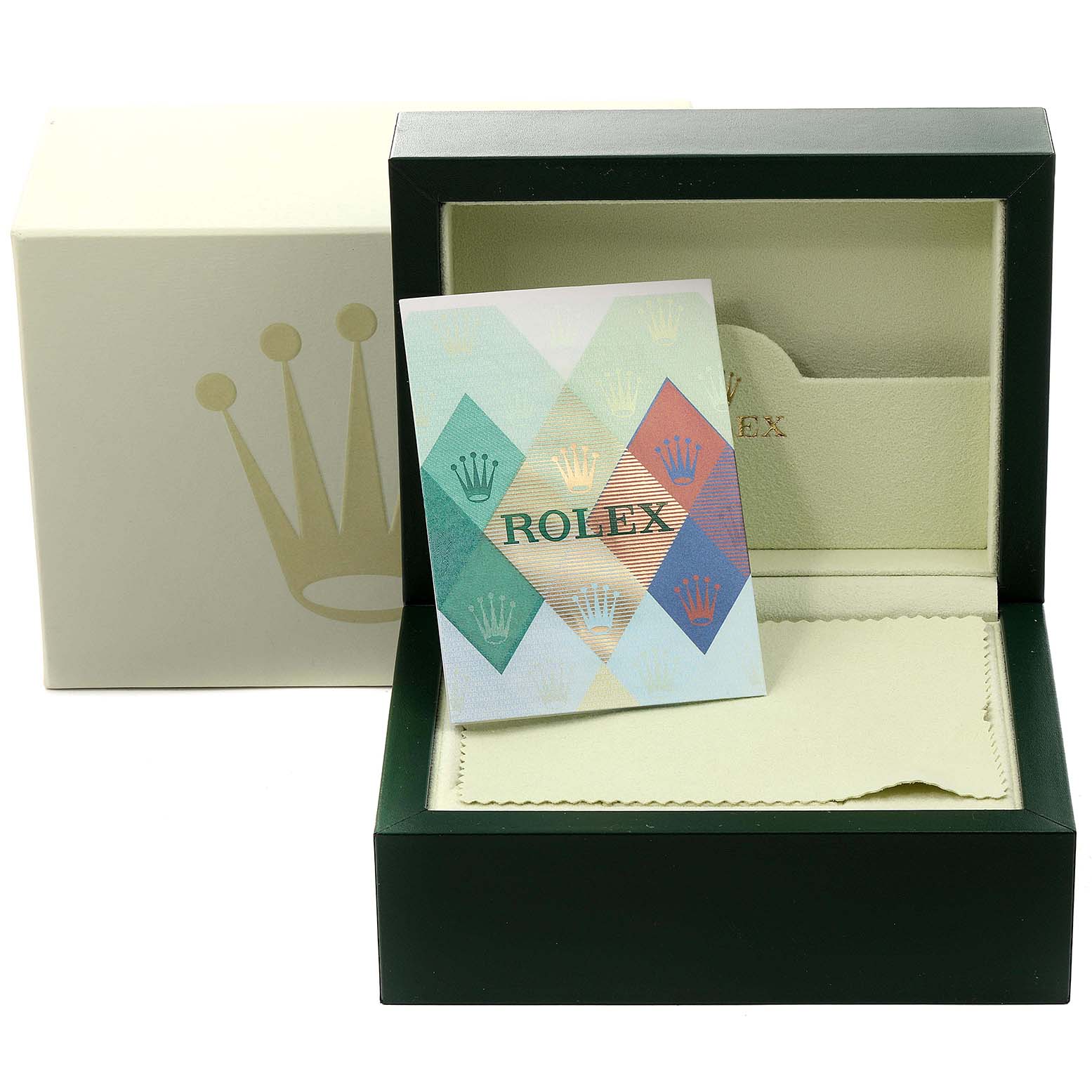 The image shows the open box and accessories for a Rolex Datejust 179173 Women's Steel and Gold (two tone) Silver Dial 179173 Women's Steel and Gold (two tone) Silver Dial watch, including a manual and a cleaning cloth.