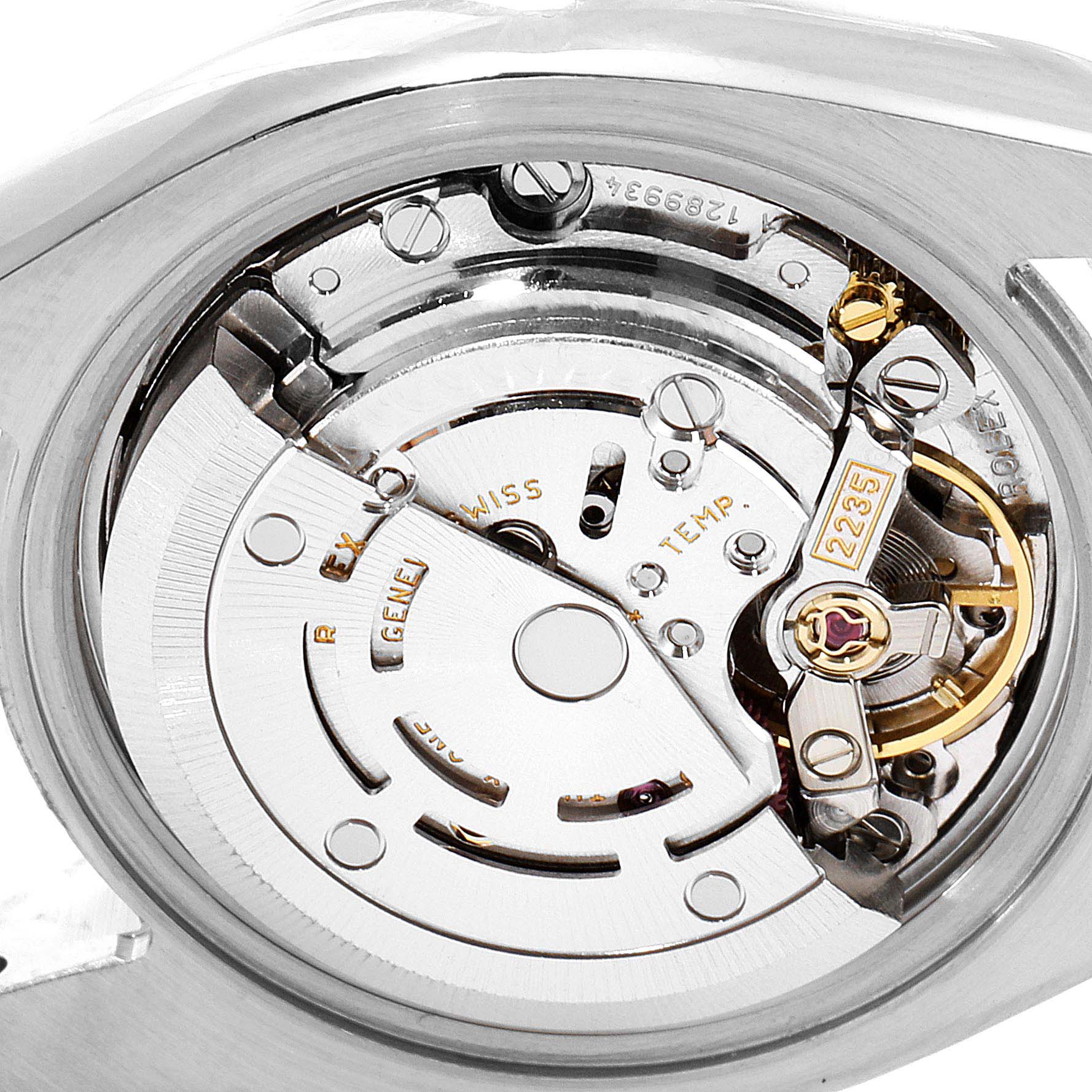 This image shows a close-up view of the movement inside a Rolex Datejust 179173 Women's Steel and Gold (two tone) Silver Dial 179173 Women's Steel and Gold (two tone) Silver Dial watch.