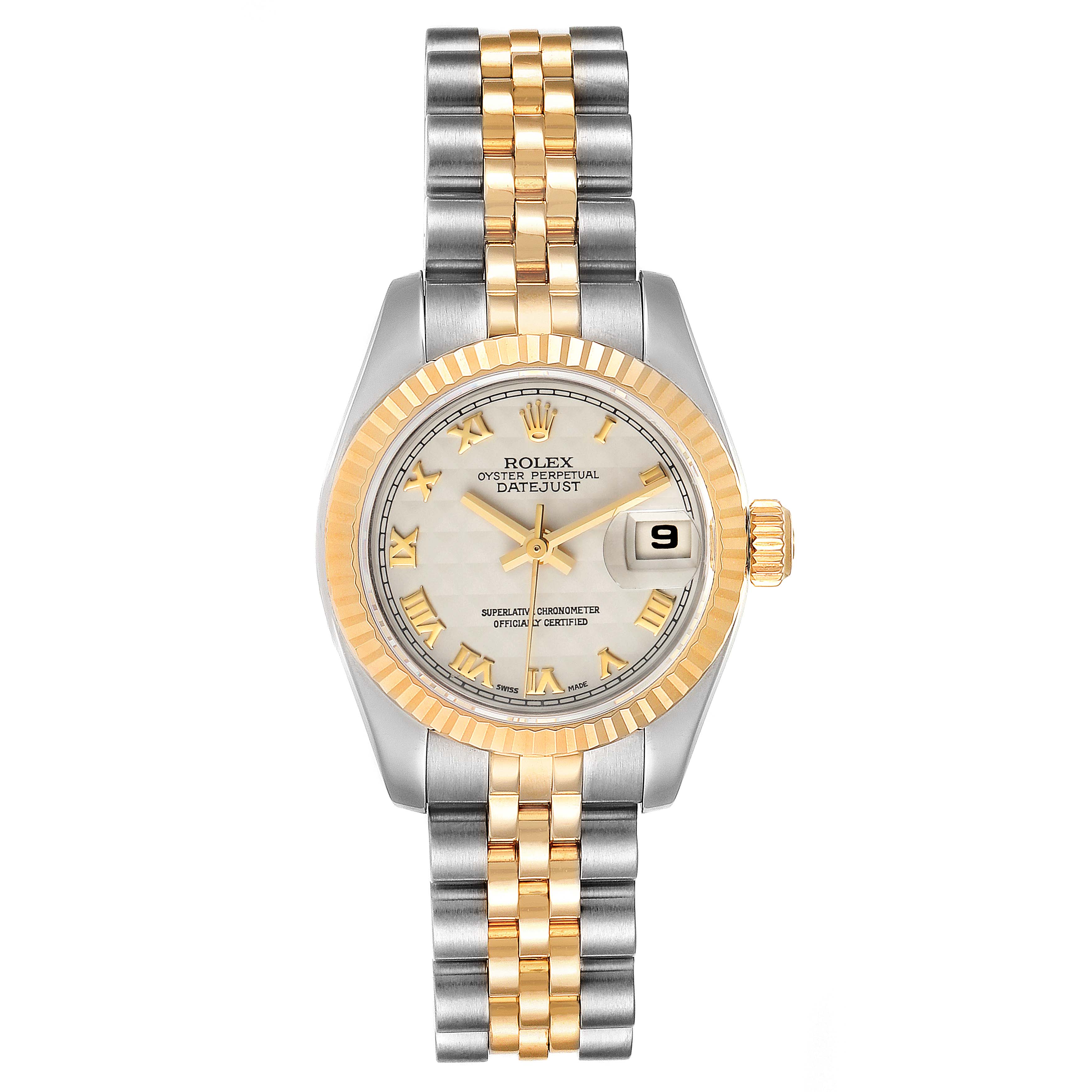 The Rolex Datejust 179173 Women's Steel and Gold (two tone) Silver Dial 179173 Women's Steel and Gold (two tone) Silver Dial watch is shown from a top-down angle, displaying the face, bezel, and bracelet.