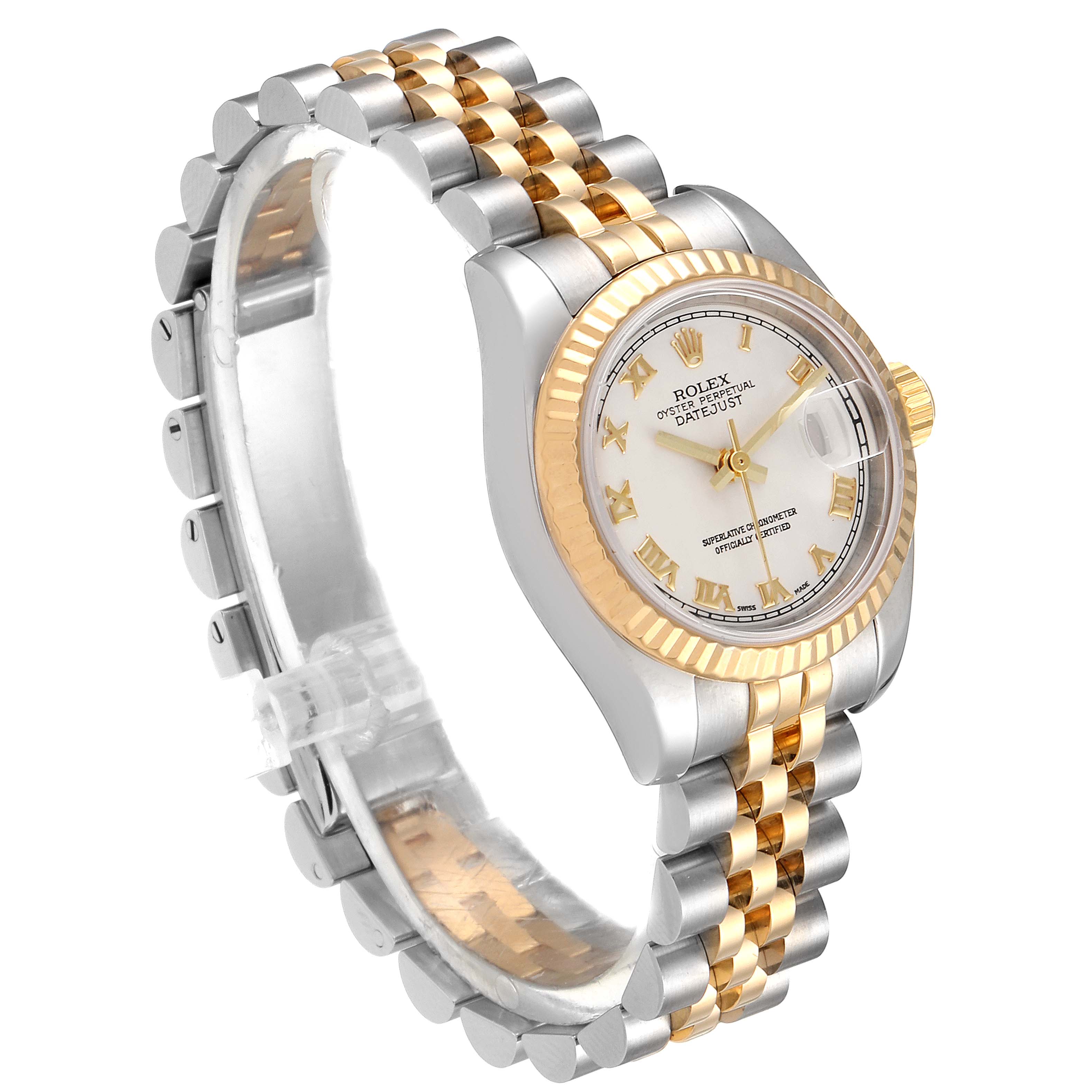 The image shows a Rolex Datejust 179173 Women's Steel and Gold (two tone) Silver Dial 179173 Women's Steel and Gold (two tone) Silver Dial watch at a three-quarter angle, highlighting its two-tone bracelet, fluted bezel, and dial.