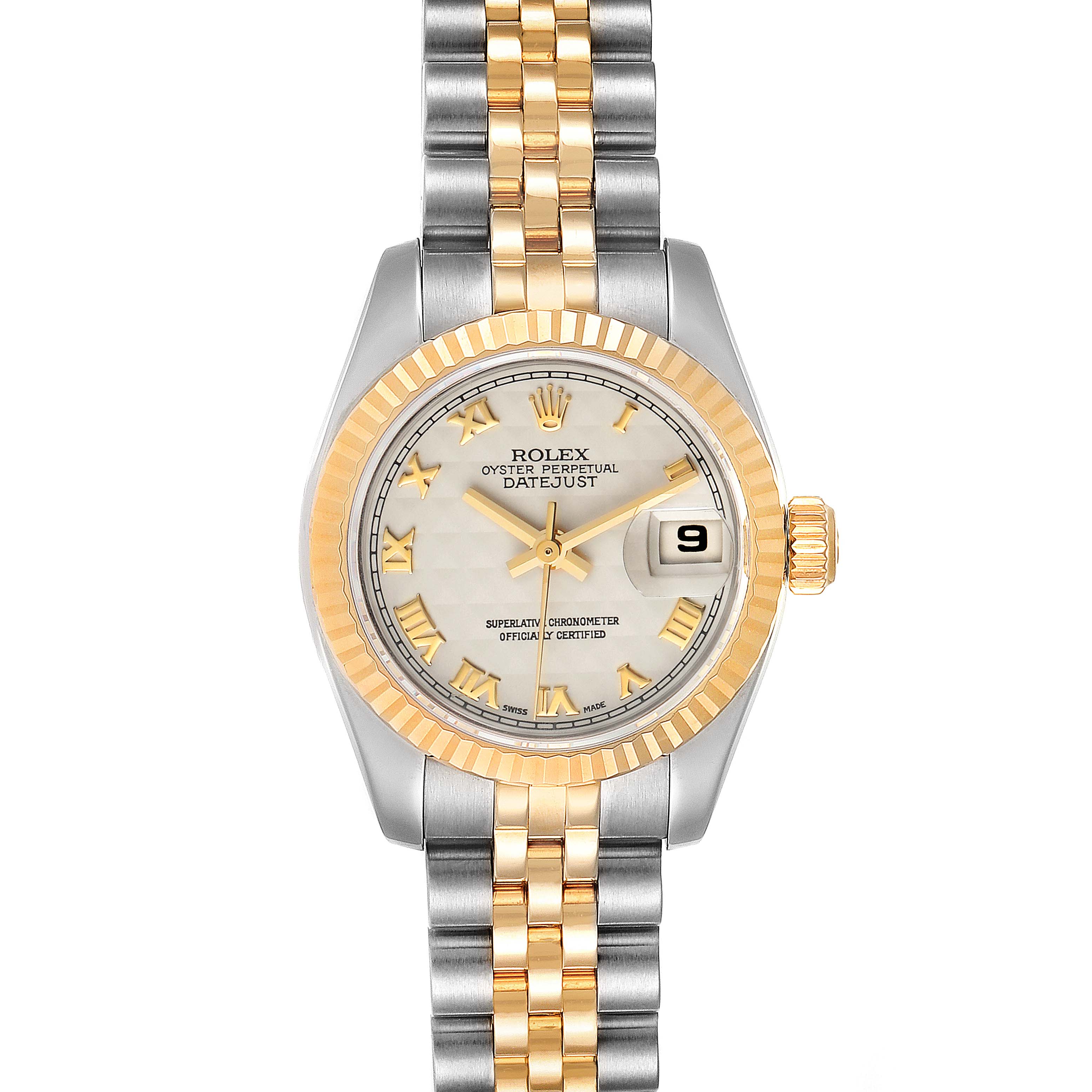 The image shows a front view of a Rolex Datejust 179173 Women's Steel and Gold (two tone) Silver Dial 179173 Women's Steel and Gold (two tone) Silver Dial watch, featuring a two-tone bracelet, fluted bezel, and a date display at 3 o'clock.