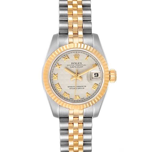 The Rolex Datejust 179173 Women's Steel and Gold (two tone) Silver Dial 179173 Women's Steel and Gold (two tone) Silver Dial watch is shown from a top-down angle, displaying the face, bezel, and full bracelet clearly.