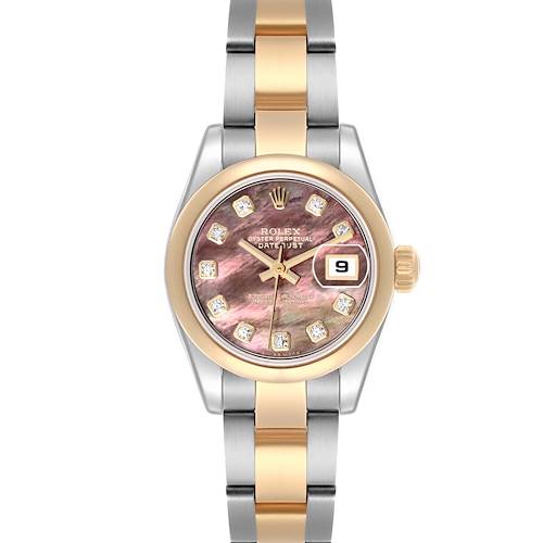 The Rolex Datejust 179163 Women's Steel and Gold (two tone) Mother of Pearl Dial 179163 Women's Steel and Gold (two tone) Mother of Pearl Dial watch is shown from a front view, highlighting its dial, bezel, bracelet, and date function.