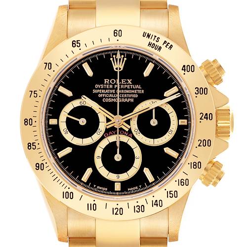 The Rolex Daytona 16528 Men's Yellow Gold Black Dial 16528 Men's Yellow Gold Black Dial watch is shown from a frontal angle, displaying the face, bezel, and crown.