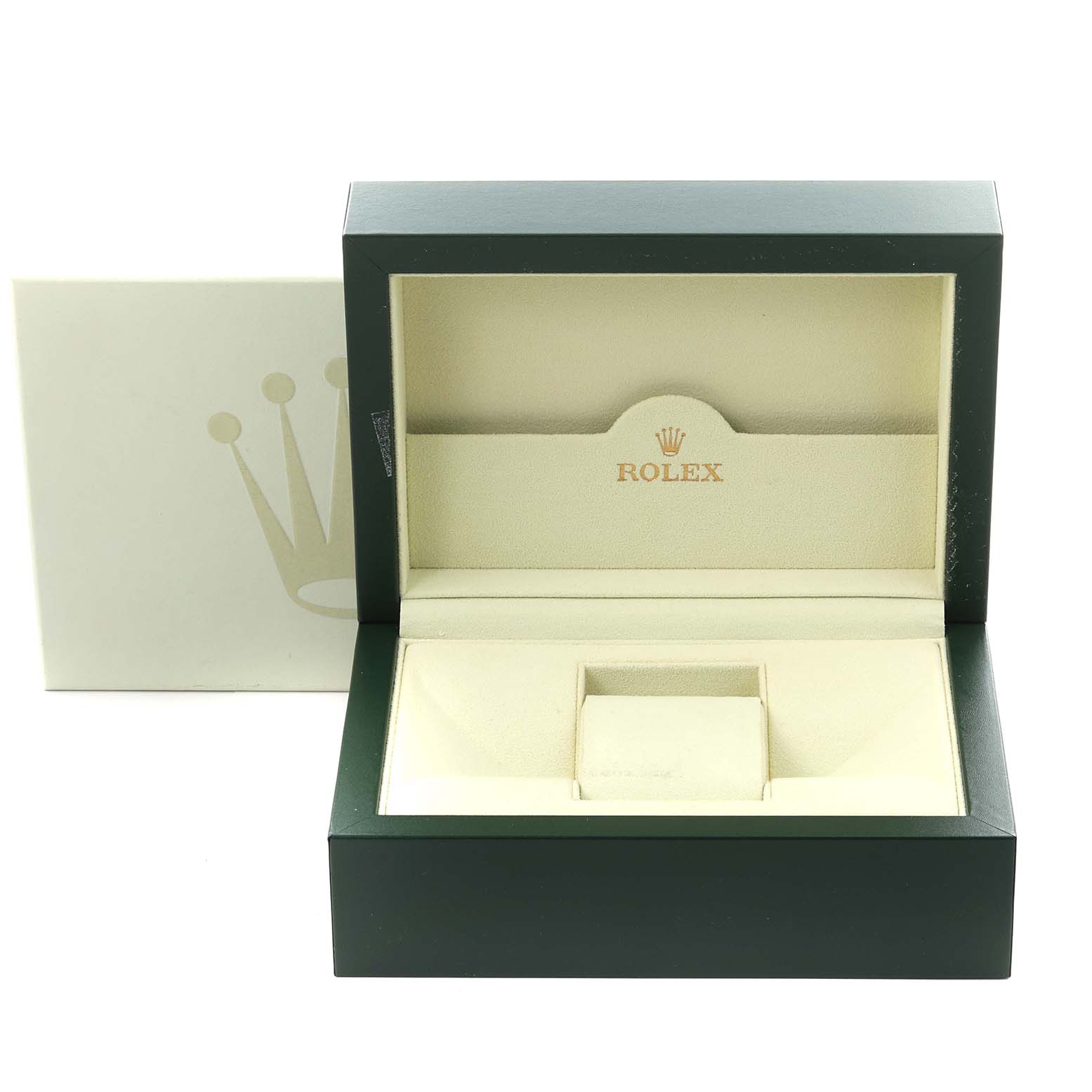 The image shows an empty Rolex box for a Mid-Size model, viewed from the front with an open lid.