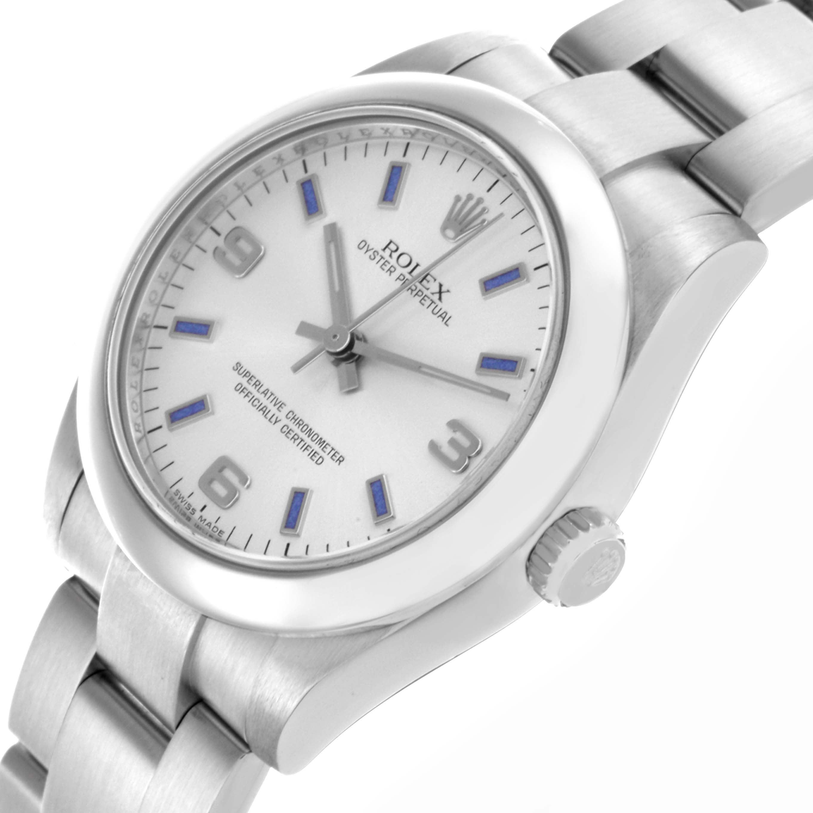 This Rolex Mid-Size 177200 Women's Stainless Steel Silver Dial 177200 Women's Stainless Steel Silver Dial watch is shown at an angle highlighting the face, bezel, crown, and part of the bracelet.