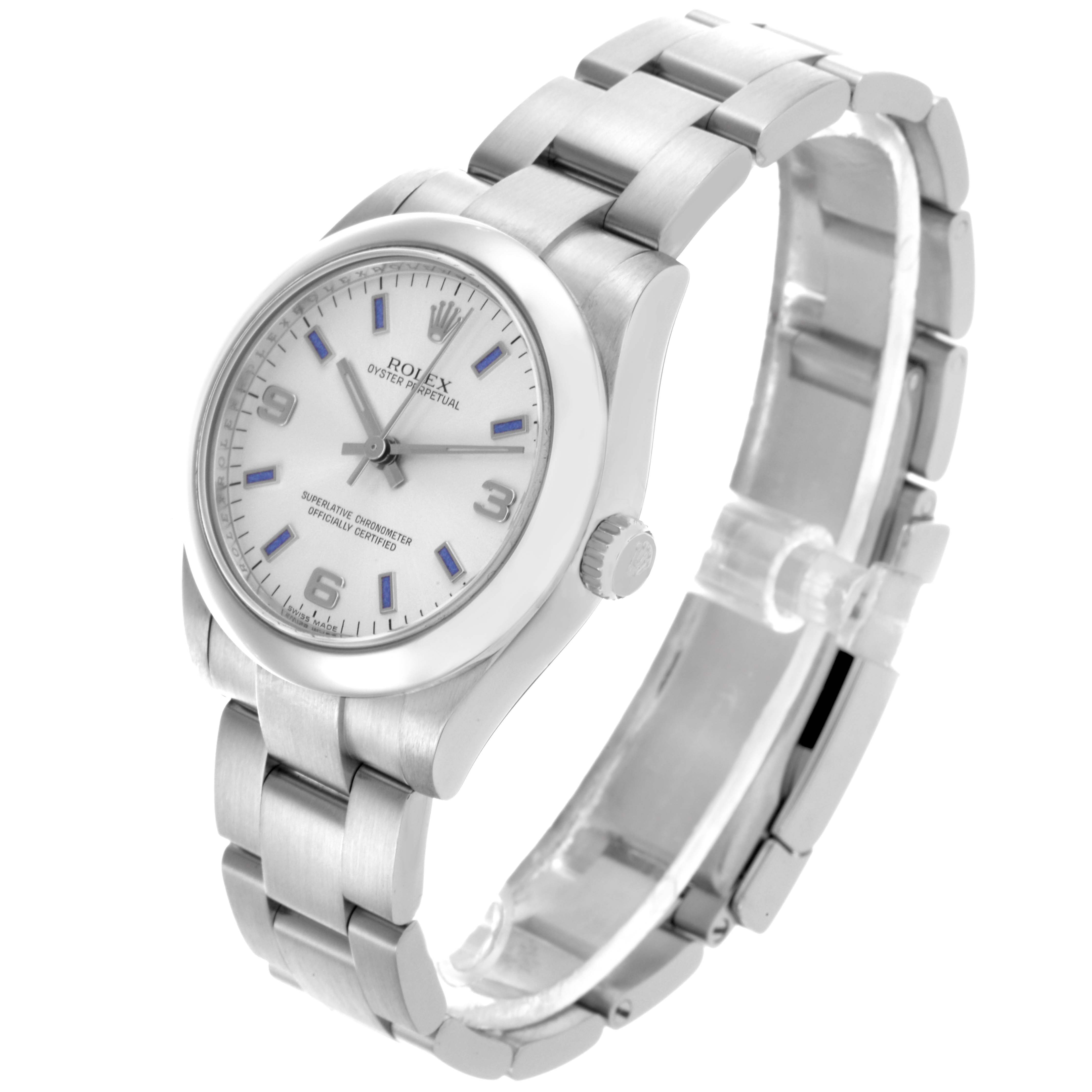 The Rolex Mid-Size 177200 Women's Stainless Steel Silver Dial 177200 Women's Stainless Steel Silver Dial watch is shown at an angled view, highlighting the face, bezel, crown, and bracelet.