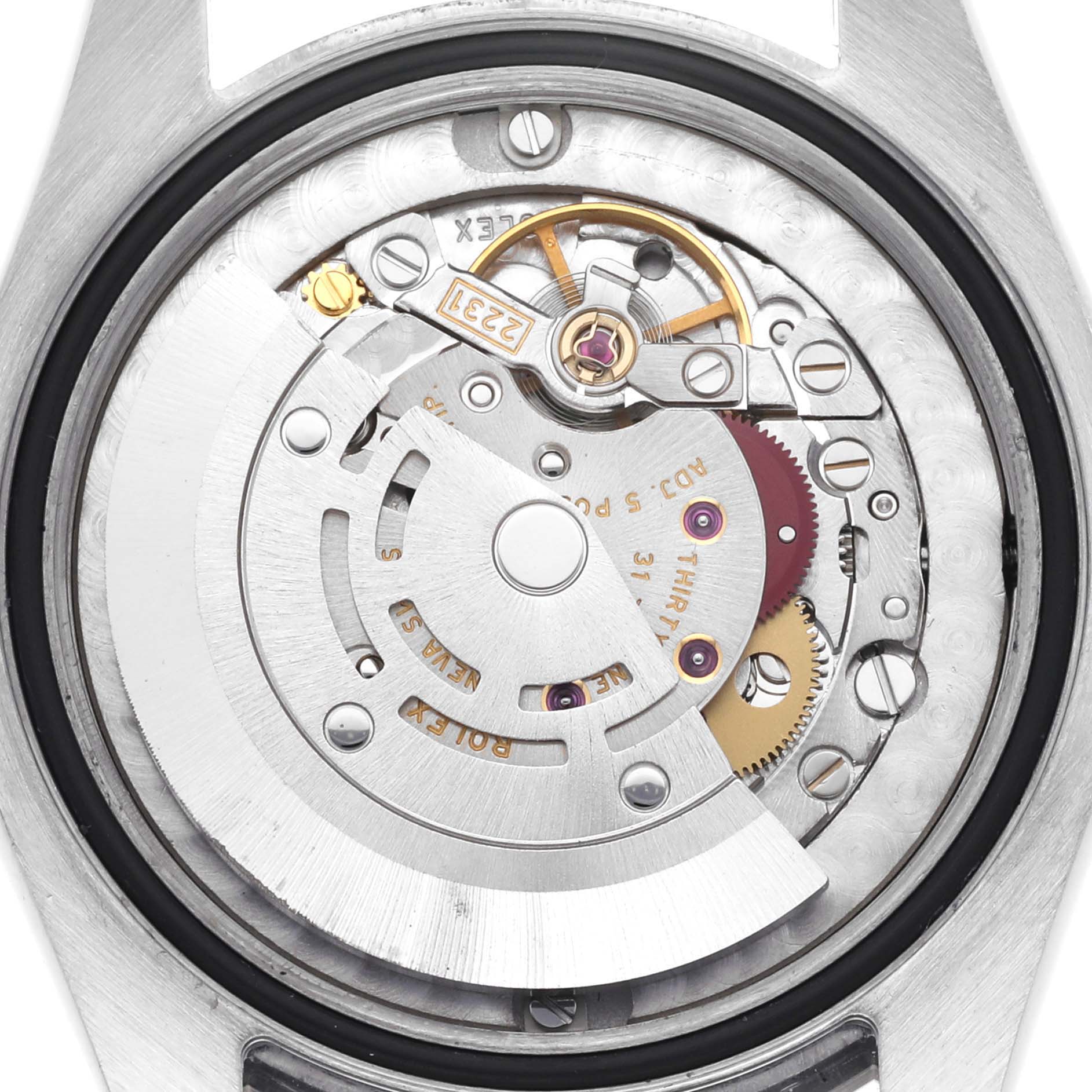 The image shows the back view of the Rolex Mid-Size 177200 Women's Stainless Steel Silver Dial 177200 Women's Stainless Steel Silver Dial watch, revealing its intricate mechanical movement.