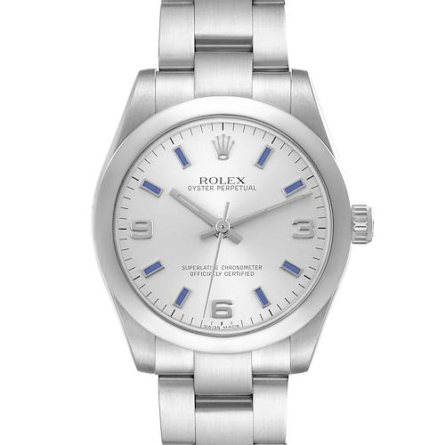 The Rolex Mid-Size 177200 Women's Stainless Steel Silver Dial 177200 Women's Stainless Steel Silver Dial watch is shown from a front angle, displaying the face, bezel, and part of the bracelet.