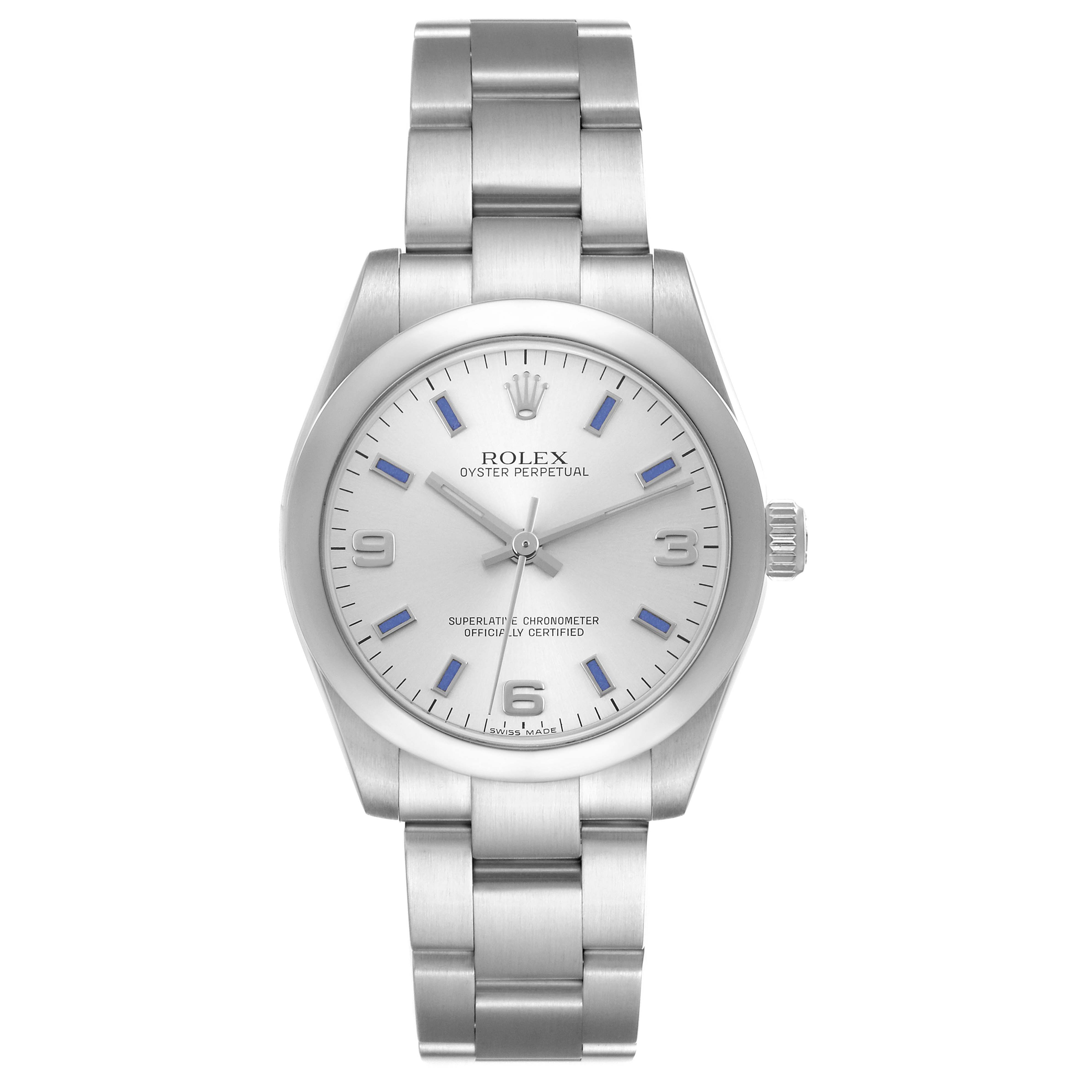 The Rolex Mid-Size 177200 Women's Stainless Steel Silver Dial 177200 Women's Stainless Steel Silver Dial watch is shown from a top-down angle, displaying the full face and stainless steel bracelet.