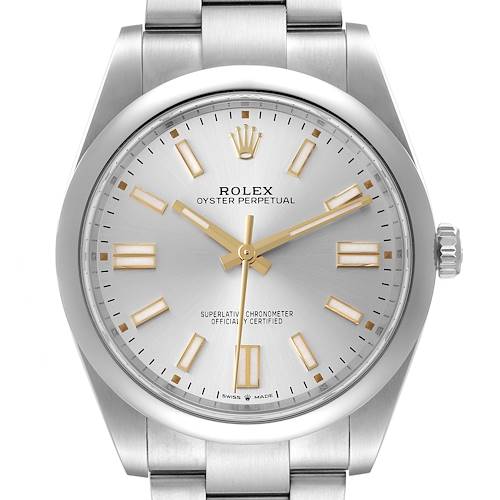 The image shows a front view of the face of a Rolex Datejust 41 124300 Men's Stainless Steel Silver Dial 124300 Men's Stainless Steel Silver Dial watch, displaying the dial, hands, markers, and part of the bracelet.