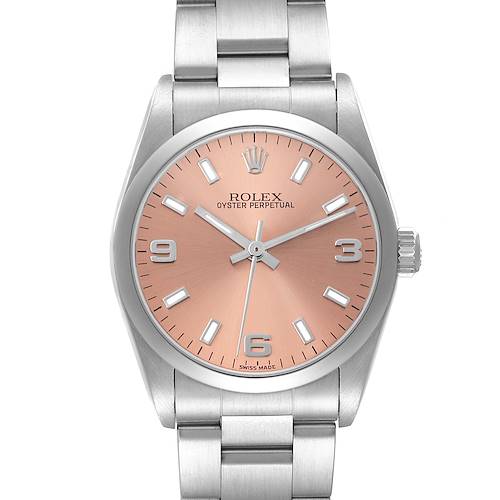 The Rolex Mid-Size 77080 Women's Stainless Steel Pink Dial 77080 Women's Stainless Steel Pink Dial Oyster Perpetual is shown from the front, displaying its dial, hands, and bracelet.