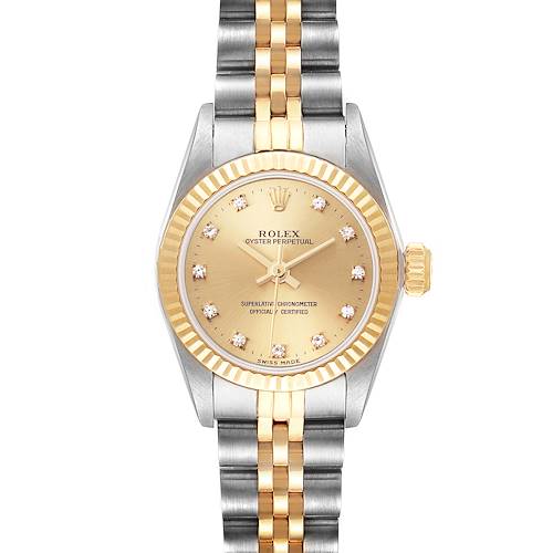 The Rolex Oyster Perpetual 67193 Women's Steel and Gold (two tone) Champagne Dial 67193 Women's Steel and Gold (two tone) Champagne Dial watch is shown from a front view, featuring its gold dial, fluted bezel, and two-tone bracelet.