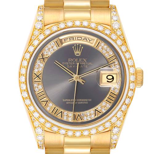 The Rolex President 18388 Men's Yellow Gold Grey Dial 18388 Men's Yellow Gold Grey Dial watch is shown from the front, highlighting its gold case, diamond bezel, and day-date display.